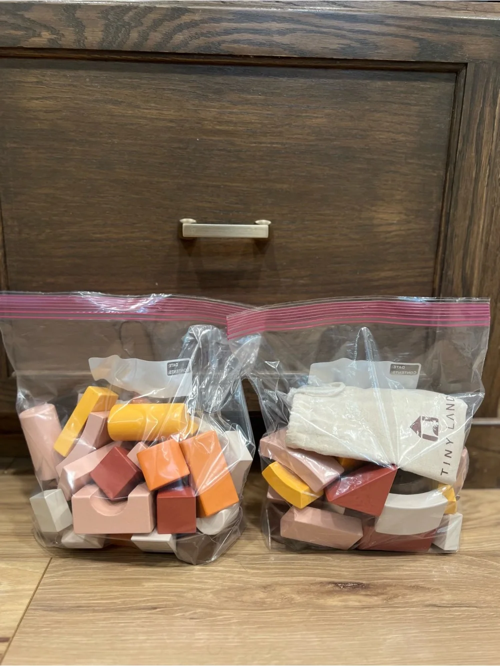Tiny Land Pink & Orange Wooden Block Storage Bag Set 68 piece set
